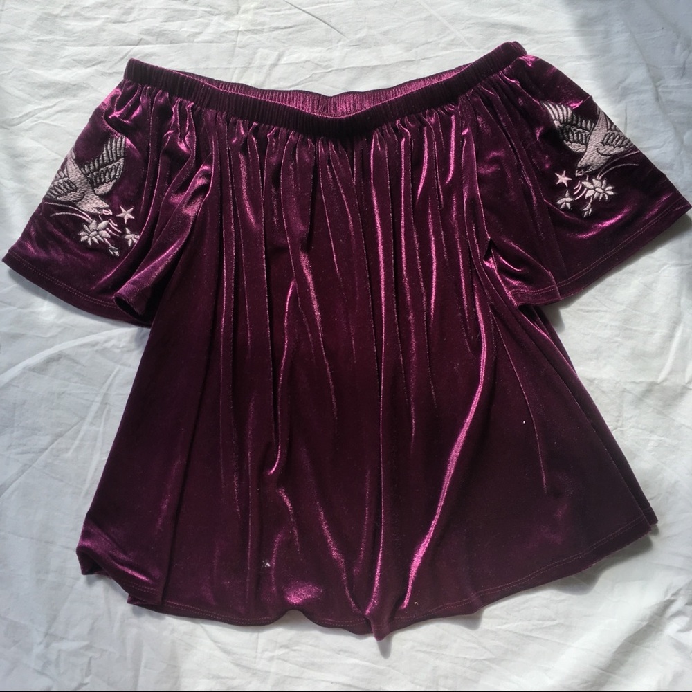 Purple velvet off-the-shoulder top
